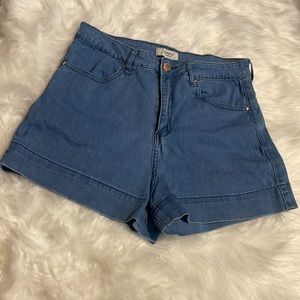 blue denim high waisted shorts
